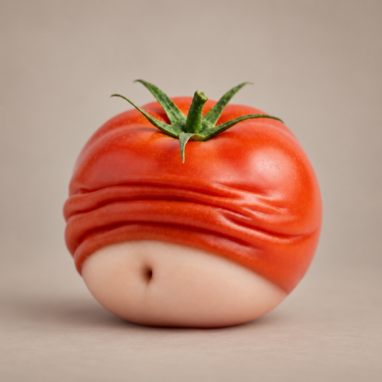 Stomatoch, a wrinkled red tomato with a soft belly and green stem